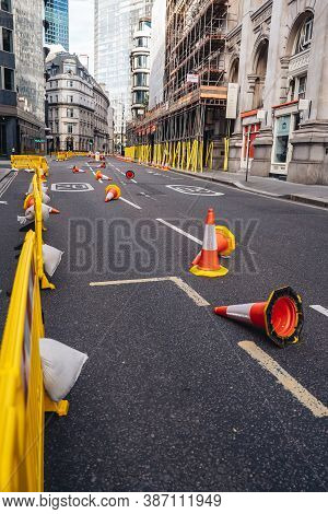 London / Uk -  2020.07.18: Traffic Cones Lie On The Road At Threadneedle Street