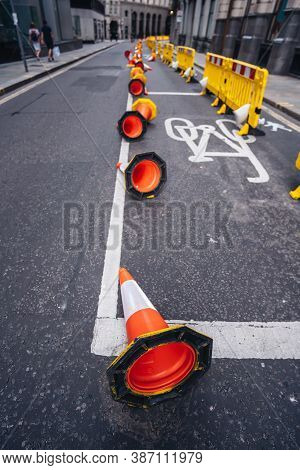 London / Uk -  2020.07.18: Traffic Cones Lie On The Road At Threadneedle Street