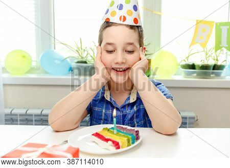 Beautiful Adorable Eigth Year Old Boy In Blue Shirt, Celebrating His Birthday Remotely During Quaran