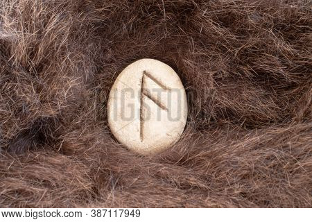 Ansuz Nordic Stone Rune On Animal Fur. Letter Aesc Of The Viking Alphabet.