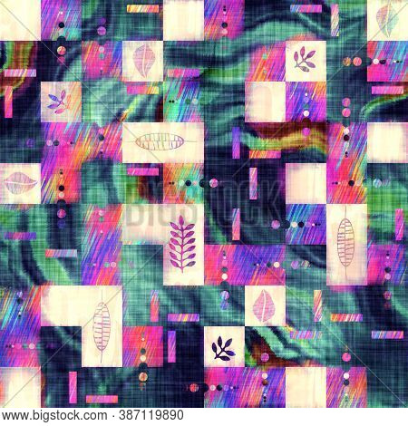Blurry Rainbow Glitch Artistic Foliage Texture Background. Irregular Bleeding Watercolor Tie Dye Sea