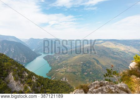 Tara National Park, Serbia. Viewpoint Banjska Stena. View At Drina River Canyon And Lake Perucac Wit