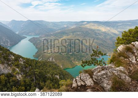 Tara National Park, Serbia. Viewpoint Banjska Stena. View At Drina River Canyon And Lake Perucac Wit