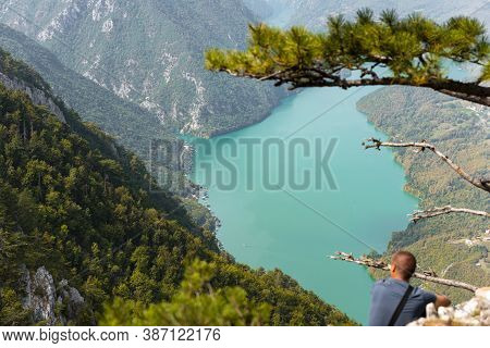 Tara National Park, Serbia. Viewpoint Banjska Stena. View At Drina River Canyon And Lake Perucac Wit