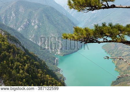 Tara National Park, Serbia. Viewpoint Banjska Stena. View At Drina River Canyon And Lake Perucac Wit