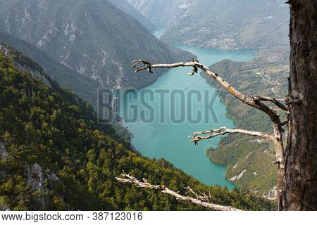 Tara National Park, Serbia. Viewpoint Banjska Stena. View At Drina River Canyon And Lake Perucac Wit