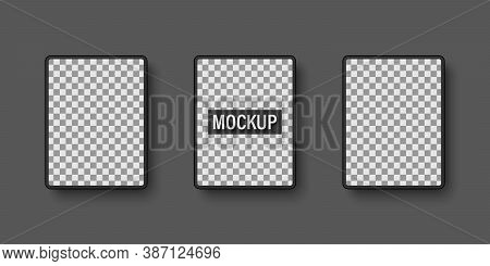 Electronic Gadgets Mockup. Tablet With Transparent Screen On Gray Background. Vector Illustration