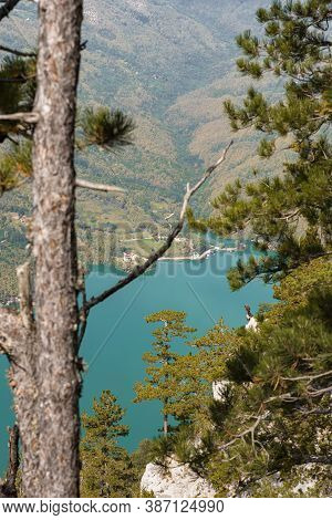 Tara National Park, Serbia. Viewpoint Banjska Stena. View At Drina River Canyon And Lake Perucac Wit