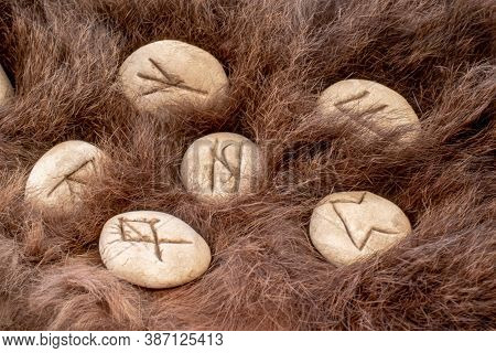 Stone Runes On A Animal Fur. Futhark Viking Alphabet. Close Up Photo Of Norse Runes.