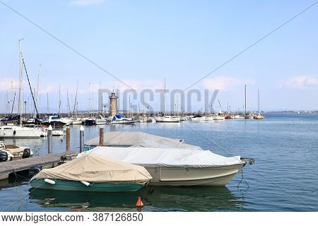 Desenzano, Italy - October 8:  The View Across Desenzano Harbour On October 8. 2019.  Desenzano Is A