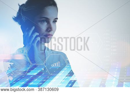 Serious Young Businesswoman Talking On Smartphone Voer Blurry Background With Double Exposure Of Imm