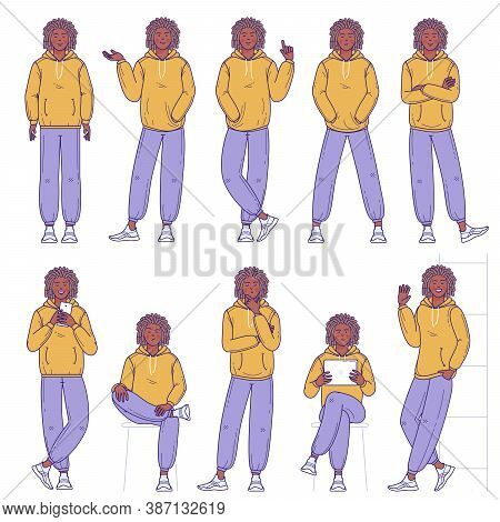 Flat Design Vector Collection Ready To Animation Casual Style Young Afro-american Man Poses And Acti