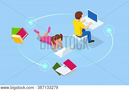 E-learning, Online Education At Home. Isometric Concept For Digital Reading, E-classroom Textbook, M