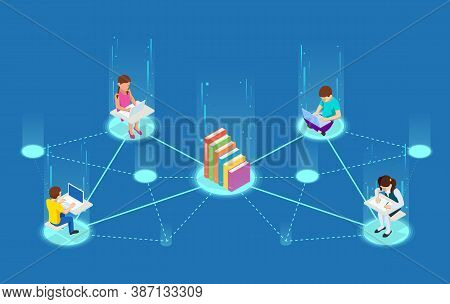 E-learning, Online Education At Home. Isometric Concept For Digital Reading, E-classroom Textbook, M