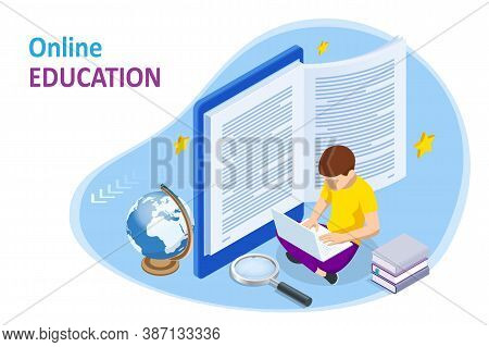 E-learning, Online Education At Home. Isometric Concept For Digital Reading, E-classroom Textbook, M