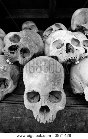Teschi presso i campi di sterminio di Choeung Ek, in Cambogia.