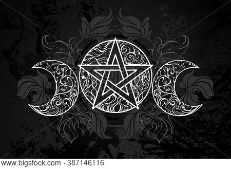 White, Patterned, Contour Pentagram With Crescents On Black Textured Background With Dark Fallen Lea