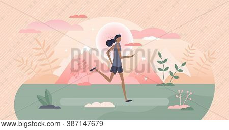 Running Workout Exercise As Outdoors Sport Activity Tiny Persons Concept. Run Sprint Or Marathon Dis