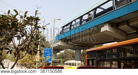 City Delhi, India - January 25, 2020: Moti Nagar Metro Station Bridge View On Sky Background.