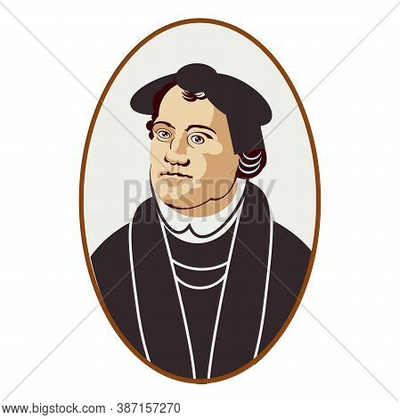 A Martin Luther Portrait In A Historical Costume In Oval Frame Isolated On White Background. Illustr