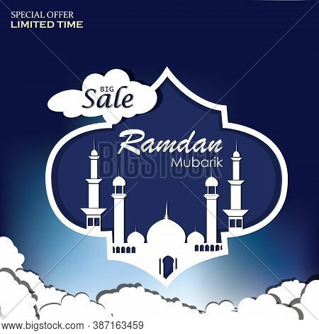 Ramadan Mubarik Sale Banner For Advertisement With White Color Mosque On Blue Background