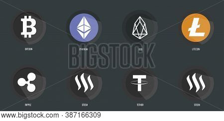 Cryptocurrency Set On Dark Background. Stock Market Electronic Money. Blockchain, Ico, Fintech Net B