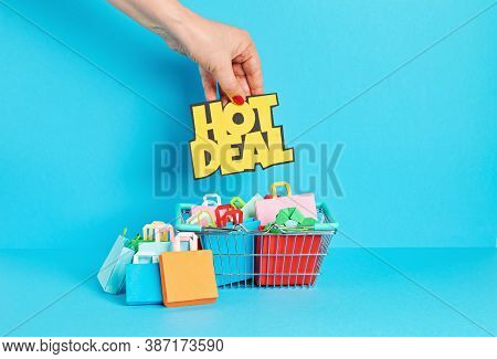 Shopping Basket Full Of Paper Bags. Sesonal Sale, Online Deals, Discounts, Promotion, Shopping Addic
