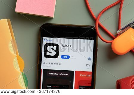 New York, Usa - 28 September 2020: Scruff Mobile App Logo On Phone Screen Close Up, Illustrative Edi