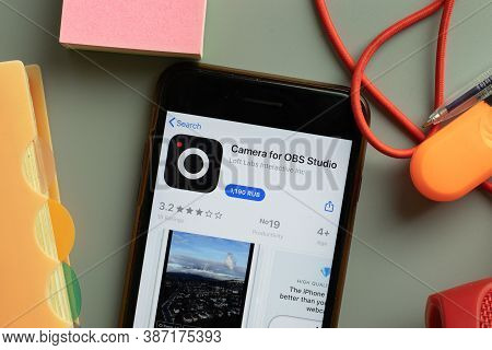 New York, Usa - 28 September 2020: Camera For Obs Studio Mobile App Logo On Phone Screen Close Up, I
