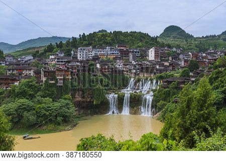 Furong, China - May 29, 2018: Furong ancient village and waterfall in Hunan.