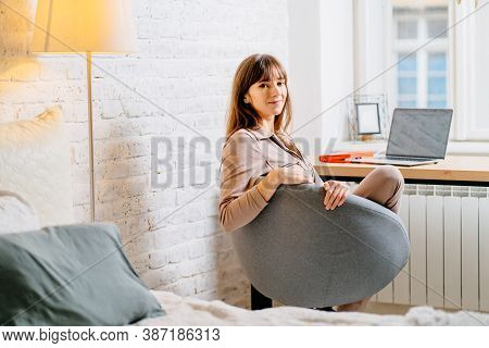 Wake Up And Go Work Concept. Nice Beautiful Lady With Brunette Hair Work At The Notebook Sit Arm Cha