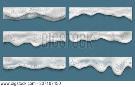 Water Foam. Clean Washing Liquids Bath Laundry Drops Splashes On Seaside Top View Vector Realistic T