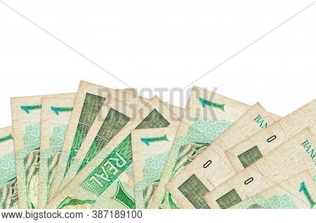 1 Brazilian Real Bills Lies On Bottom Side Of Screen Isolated On White Background With Copy Space. B