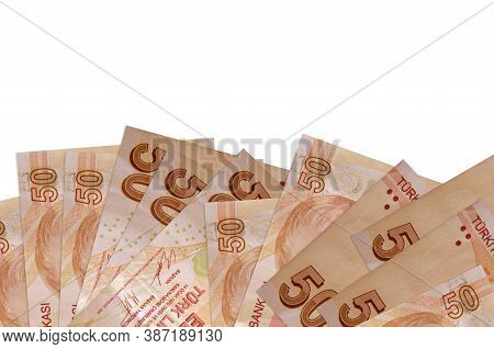 50 Turkish Liras Bills Lies On Bottom Side Of Screen Isolated On White Background With Copy Space. B