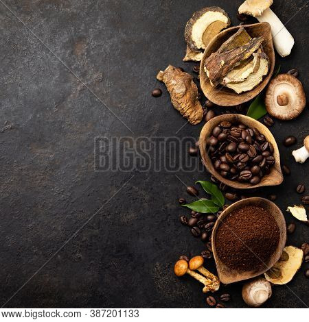 Mushroom Chaga Coffee Superfood Trend-dry And Fresh Mushrooms And Coffee Beans On Dark Background