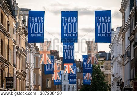 London - September 12, 2020: Thank You To Front Line Workers Banners And Union Jack Flags At Covent 