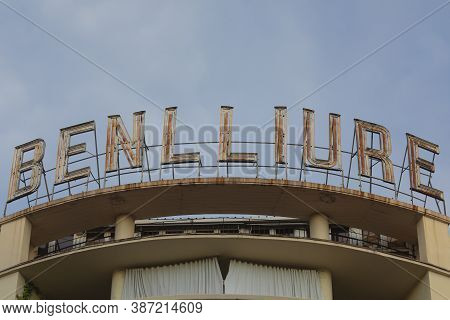 Madrid, Spain - May 19, 2020: The Old Rusty Sign Of The Benlliure Cinemas, Located On The Roof Of A 