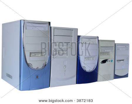 Ffive Old Computers On White Background