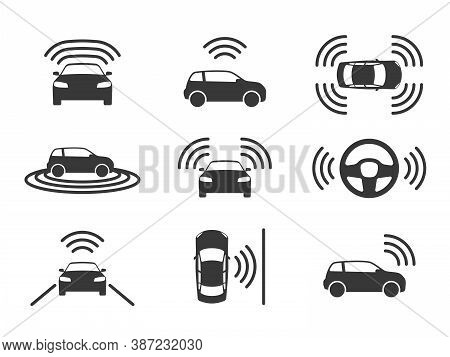 Driverless Car Icons. Autonomous Driving Cars, Gps Navigation On Road. Smart Self-driving Vehicles, 