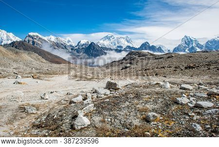 Panoramic View Of Mount Everest (8,848 M) The Highest Mountains In The World With Himalayan Range Vi