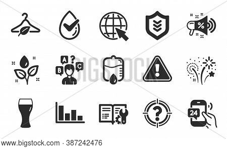 Beer Glass, Internet And Headhunter Icons Simple Set. Shield, 24h Service And Drop Counter Signs. Qu