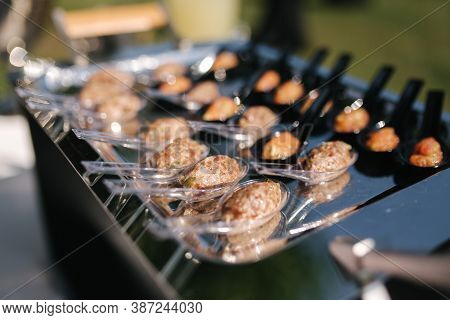 Portioned Tartare Of Beef And Samlon. Snack Outdoors In Sunset