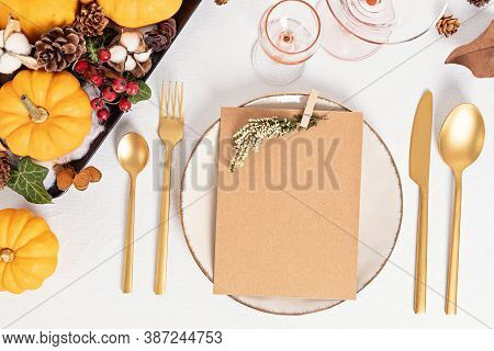 Template Of Thanksgivinig Table Decoration With Mock Up Of Menu. Festive Autumn, Fall Dinner With Ce