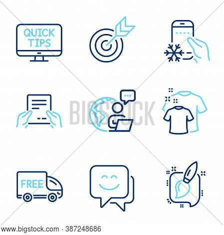 Business Icons Set. Included Icon As Target, Web Tutorials, Smile Face Signs. Clean T-shirt, Free De