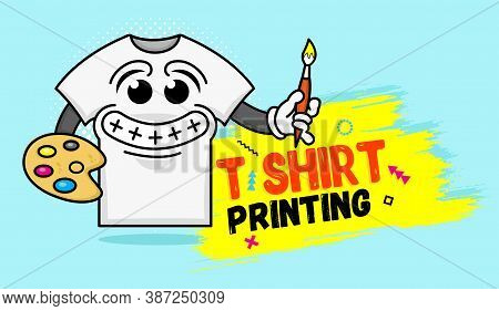 Funny T-shirt Smiles And Draws Letters. Mascot Logo For Typography, Print, Corporate Identity, Works