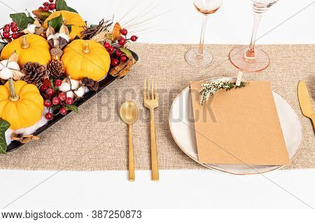 Template Of Thanksgivinig Table Decoration With Mock Up Of Menu. Festive Autumn, Fall Dinner With Ce