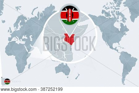 Pacific Centered World Map With Magnified Kenya. Flag And Map Of Kenya On Asia In Center World Map.