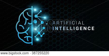 Artificial Intelligence Or Ai Concept. Digital Human Brain Half And Circuit Board Element Lines And 