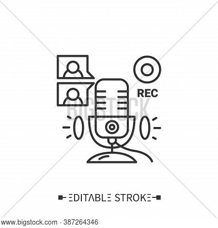Remote Recording Guests, Co-hosts Line Icon. Collaboration In Podcast. Video Conference Call Using. 