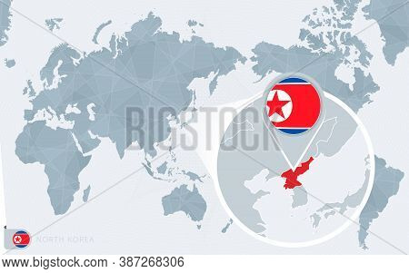 Pacific Centered World Map With Magnified North Korea. Flag And Map Of North Korea On Asia In Center